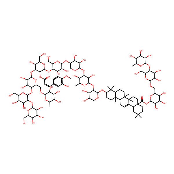 2D Structure of [(2S,3R,4S,5S,6R)-6-[[(2R,3R,4R,5S,6R)-3,4-dihydroxy-6-(hydroxymethyl)-5-[(2R,3R,4R,5R,6S)-3,4,5-trihydroxy-6-methyloxan-2-yl]oxyoxan-2-yl]oxymethyl]-3,4,5-trihydroxyoxan-2-yl] (4aS,6aR,6aS,6bR,8aR,10S,12aR,14bS)-10-[(2S,3R,4S,5S)-3-[(2S,3R,4R,5S,6S)-4-[(2S,3R,4S,5R)-5-[(2R,3R,4R,5S,6R)-5-[(2S,3R,4S,5R,6R)-4-[(2S,3R,4R,5S,6R)-5-[(2S,3R,4S,5S,6R)-4,5-dihydroxy-6-(hydroxymethyl)-3-[(2S,3R,4S,5S,6R)-3,4,5-trihydroxy-6-(hydroxymethyl)oxan-2-yl]oxyoxan-2-yl]oxy-3,4-dihydroxy-6-[[(2R,3R,4R,5R,6S)-3,4,5-trihydroxy-6-methyloxan-2-yl]oxymethyl]oxan-2-yl]oxy-5-hydroxy-3-[(E)-3-(3-hydroxy-4-methoxyphenyl)prop-2-enoyl]oxy-6-(hydroxymethyl)oxan-2-yl]oxy-3,4-dihydroxy-6-(hydroxymethyl)oxan-2-yl]oxy-3,4-dihydroxyoxan-2-yl]oxy-3,5-dihydroxy-6-methyloxan-2-yl]oxy-4,5-dihydroxyoxan-2-yl]oxy-2,2,6a,6b,9,9,12a-heptamethyl-1,3,4,5,6,6a,7,8,8a,10,11,12,13,14b-tetradecahydropicene-4a-carboxylate