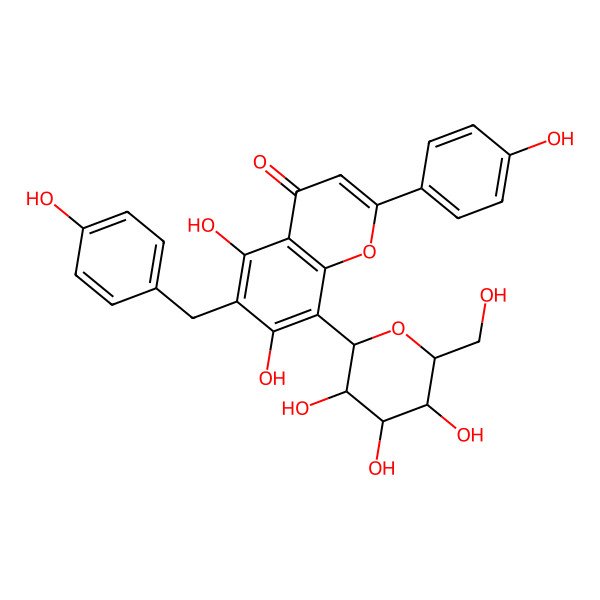 2D Structure of 5,7-dihydroxy-2-(4-hydroxyphenyl)-6-[(4-hydroxyphenyl)methyl]-8-[(2S,3R,4R,5S,6R)-3,4,5-trihydroxy-6-(hydroxymethyl)oxan-2-yl]chromen-4-one