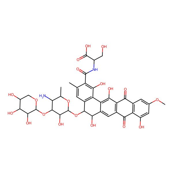 2D Structure of (2R)-2-[[(5S,6S)-5-[(2S,3R,4S,5S,6S)-5-amino-3-hydroxy-6-methyl-4-[(2S,3S,4S,5S)-3,4,5-trihydroxyoxan-2-yl]oxyoxan-2-yl]oxy-1,6,9,14-tetrahydroxy-11-methoxy-3-methyl-8,13-dioxo-5,6-dihydrobenzo[a]tetracene-2-carbonyl]amino]-3-hydroxypropanoic acid