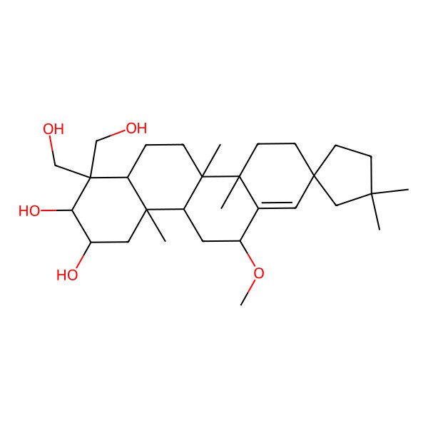 2D Structure of (2S,3R,4aR,4bR,6S,8S,10aS,10bR,12aR)-1,1-bis(hydroxymethyl)-6-methoxy-1',1',4a,10a,10b-pentamethylspiro[3,4,4b,5,6,9,10,11,12,12a-decahydro-2H-chrysene-8,3'-cyclopentane]-2,3-diol