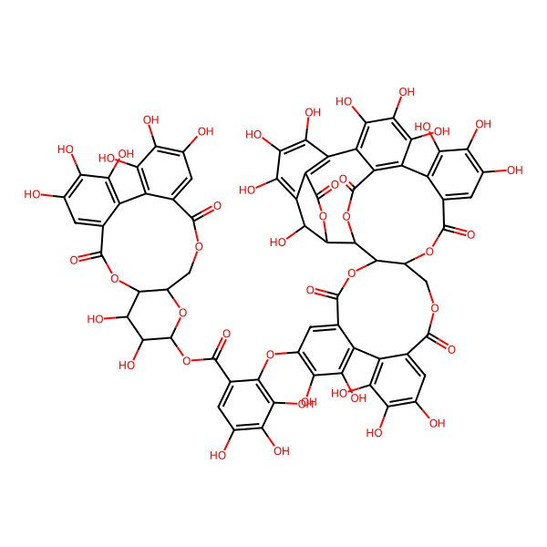 2D Structure of [(10S,11R,12R,13S,15R)-3,4,5,11,12,21,22,23-octahydroxy-8,18-dioxo-9,14,17-trioxatetracyclo[17.4.0.02,7.010,15]tricosa-1(23),2,4,6,19,21-hexaen-13-yl] 3,4,5-trihydroxy-2-[[(1S,2S,20S,42S,46R)-8,9,12,13,14,25,26,27,30,31,32,35,36,37,46-pentadecahydroxy-4,17,22,40,44-pentaoxo-3,18,21,41,43-pentaoxanonacyclo[27.13.3.138,42.02,20.05,10.011,16.023,28.033,45.034,39]hexatetraconta-5,7,9,11,13,15,23,25,27,29(45),30,32,34(39),35,37-pentadecaen-7-yl]oxy]benzoate