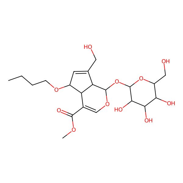 2D Structure of methyl (1S,4aS,5S,7aS)-5-butoxy-7-(hydroxymethyl)-1-[(2S,3R,4S,5S,6R)-3,4,5-trihydroxy-6-(hydroxymethyl)oxan-2-yl]oxy-1,4a,5,7a-tetrahydrocyclopenta[c]pyran-4-carboxylate