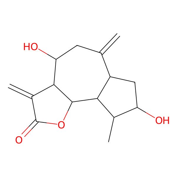 2D Structure of (3aR,4S,6aR,8R,9S,9aR,9bR)-4,8-dihydroxy-9-methyl-3,6-dimethylidene-4,5,6a,7,8,9,9a,9b-octahydro-3aH-azuleno[4,5-b]furan-2-one