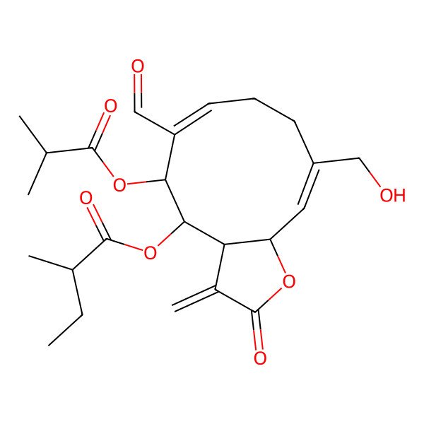 2D Structure of [(3aS,4S,5R,6E,10Z,11aR)-6-formyl-10-(hydroxymethyl)-3-methylidene-5-(2-methylpropanoyloxy)-2-oxo-3a,4,5,8,9,11a-hexahydrocyclodeca[b]furan-4-yl] (2R)-2-methylbutanoate