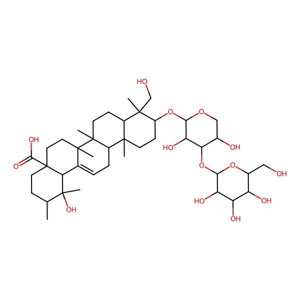 2D Structure of 10-[3,5-Dihydroxy-4-[3,4,5-trihydroxy-6-(hydroxymethyl)oxan-2-yl]oxyoxan-2-yl]oxy-1-hydroxy-9-(hydroxymethyl)-1,2,6a,6b,9,12a-hexamethyl-2,3,4,5,6,6a,7,8,8a,10,11,12,13,14b-tetradecahydropicene-4a-carboxylic acid