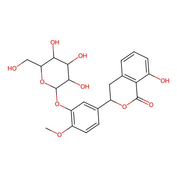 2D Structure of (3S)-8-hydroxy-3-[4-methoxy-3-[(2S,3R,4S,5S,6R)-3,4,5-trihydroxy-6-(hydroxymethyl)oxan-2-yl]oxyphenyl]-3,4-dihydroisochromen-1-one