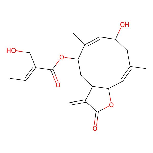 2D Structure of [(3aS,5S,6E,8R,10E,11aR)-8-hydroxy-6,10-dimethyl-3-methylidene-2-oxo-3a,4,5,8,9,11a-hexahydrocyclodeca[b]furan-5-yl] (Z)-2-(hydroxymethyl)but-2-enoate