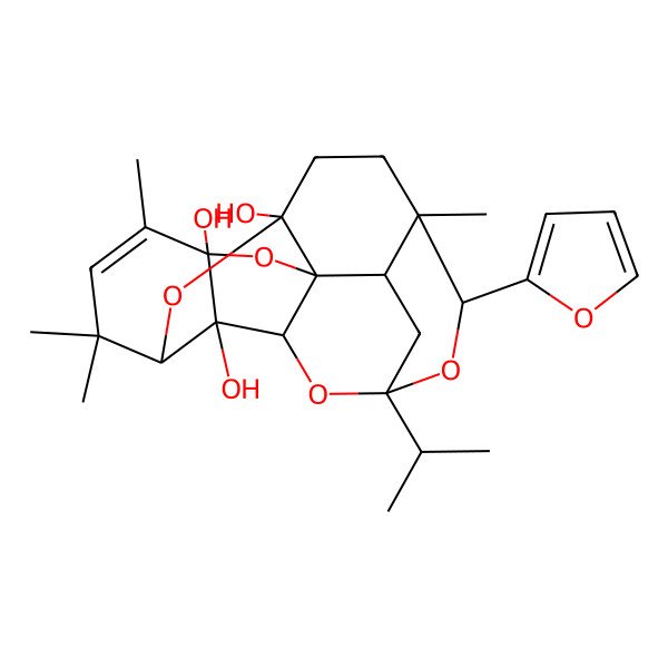 2D Structure of 13-(Furan-2-yl)-4,6,6,12-tetramethyl-15-propan-2-yl-8,14,19,20-tetraoxahexacyclo[13.3.1.13,18.02,7.09,18.012,17]icos-4-ene-2,3,9-triol