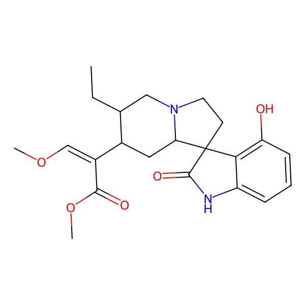2D Structure of methyl (E)-2-[(6'R,7'S)-6'-ethyl-4-hydroxy-2-oxospiro[1H-indole-3,1'-3,5,6,7,8,8a-hexahydro-2H-indolizine]-7'-yl]-3-methoxyprop-2-enoate