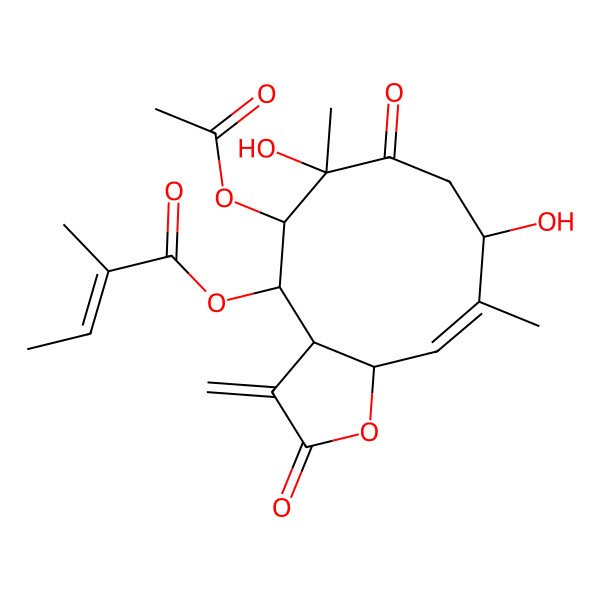 2D Structure of [(3aS,4S,5S,6S,9S,10E,11aR)-5-acetyloxy-6,9-dihydroxy-6,10-dimethyl-3-methylidene-2,7-dioxo-3a,4,5,8,9,11a-hexahydrocyclodeca[b]furan-4-yl] (Z)-2-methylbut-2-enoate