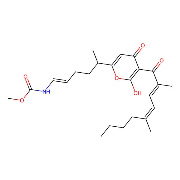 2D Structure of methyl N-[(E,5R)-5-[5-[(2E,4E)-2,5-dimethylnona-2,4-dienoyl]-6-hydroxy-4-oxopyran-2-yl]hex-1-enyl]carbamate