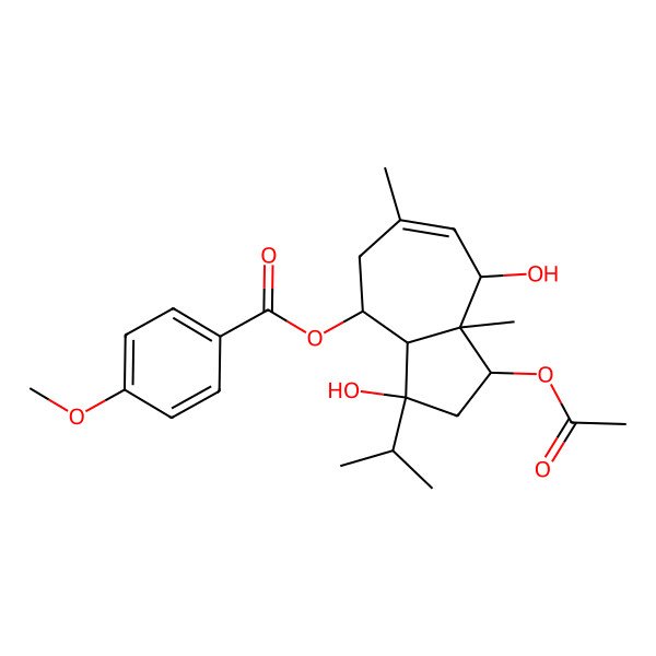 2D Structure of (1-Acetyloxy-3,8-dihydroxy-6,8a-dimethyl-3-propan-2-yl-1,2,3a,4,5,8-hexahydroazulen-4-yl) 4-methoxybenzoate