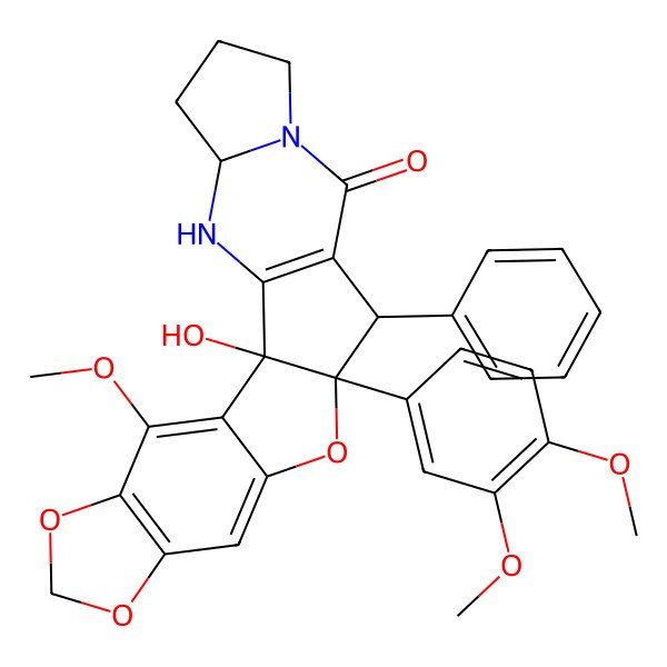 2D Structure of (1S,4S,11R,12R)-12-(3,4-dimethoxyphenyl)-1-hydroxy-21-methoxy-11-phenyl-13,17,19-trioxa-3,8-diazahexacyclo[10.10.0.02,10.04,8.014,22.016,20]docosa-2(10),14,16(20),21-tetraen-9-one