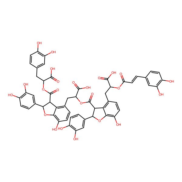 2D Structure of (2S)-2-[(2R,3R)-4-[(2R)-2-carboxy-2-[(2R,3R)-4-[(2R)-2-carboxy-2-[(E)-3-(3,4-dihydroxyphenyl)prop-2-enoyl]oxyethyl]-2-(3,4-dihydroxyphenyl)-7-hydroxy-2,3-dihydro-1-benzofuran-3-carbonyl]oxyethyl]-2-(3,4-dihydroxyphenyl)-7-hydroxy-2,3-dihydro-1-benzofuran-3-carbonyl]oxy-3-(3,4-dihydroxyphenyl)propanoic acid