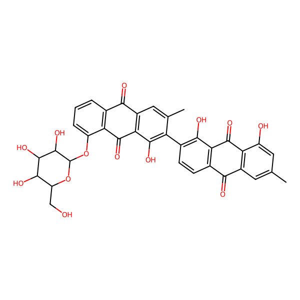 2D Structure of 2-(1,8-Dihydroxy-6-methyl-9,10-dioxoanthracen-2-yl)-1-hydroxy-3-methyl-8-[3,4,5-trihydroxy-6-(hydroxymethyl)oxan-2-yl]oxyanthracene-9,10-dione
