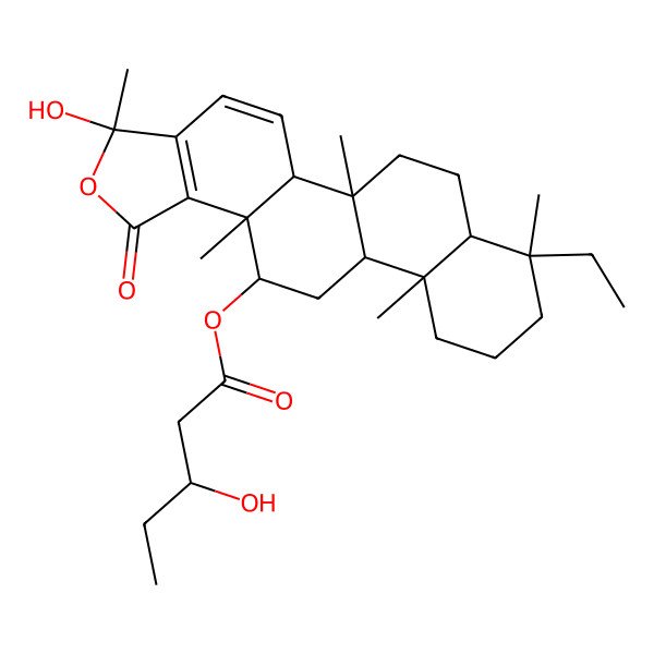 2D Structure of (8-Ethyl-3-hydroxy-3,5b,8,11a,13a-pentamethyl-1-oxo-5a,6,7,7a,9,10,11,11b,12,13-decahydrophenanthro[2,1-e][2]benzofuran-13-yl) 3-hydroxypentanoate