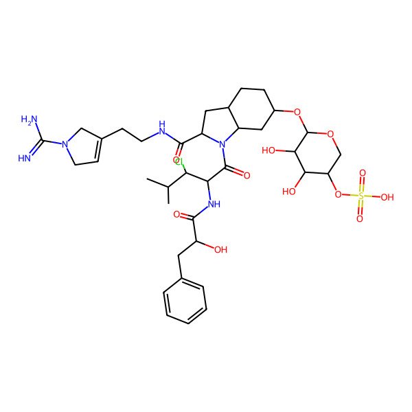 2D Structure of [(3R,4R,5R,6R)-6-[[(2S,3aS,6R,7aS)-2-[2-(1-carbamimidoyl-2,5-dihydropyrrol-3-yl)ethylcarbamoyl]-1-[(2S,3R)-3-chloro-2-[[(2R)-2-hydroxy-3-phenylpropanoyl]amino]-4-methylpentanoyl]-2,3,3a,4,5,6,7,7a-octahydroindol-6-yl]oxy]-4,5-dihydroxyoxan-3-yl] hydrogen sulfate