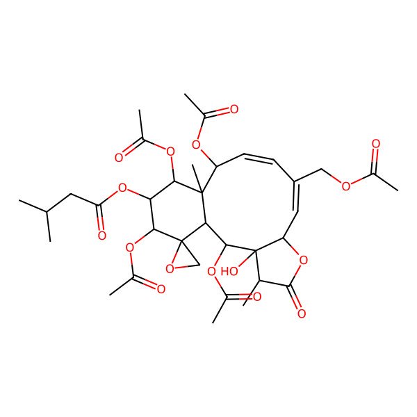 2D Structure of [(1S,2S,3S,4R,7S,8E,10Z,12S,13S,14R,15R,16R,17R)-2,12,14,16-tetraacetyloxy-9-(acetyloxymethyl)-3-hydroxy-4,13-dimethyl-5-oxospiro[6-oxatricyclo[11.4.0.03,7]heptadeca-8,10-diene-17,2'-oxirane]-15-yl] 3-methylbutanoate