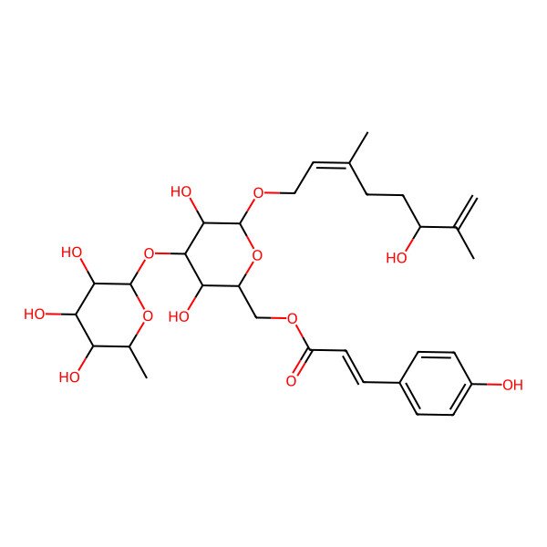 2D Structure of [(2R,3R,4S,5R,6R)-3,5-dihydroxy-6-[(2E)-6-hydroxy-3,7-dimethylocta-2,7-dienoxy]-4-[(2S,3R,4R,5R,6S)-3,4,5-trihydroxy-6-methyloxan-2-yl]oxyoxan-2-yl]methyl (E)-3-(4-hydroxyphenyl)prop-2-enoate