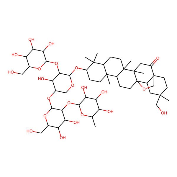 2D Structure of 10-[5-[4,5-Dihydroxy-6-(hydroxymethyl)-3-(3,4,5-trihydroxy-6-methyloxan-2-yl)oxyoxan-2-yl]oxy-4-hydroxy-3-[3,4,5-trihydroxy-6-(hydroxymethyl)oxan-2-yl]oxyoxan-2-yl]oxy-20-(hydroxymethyl)-4,5,9,9,13,20-hexamethyl-24-oxahexacyclo[15.5.2.01,18.04,17.05,14.08,13]tetracosan-2-one