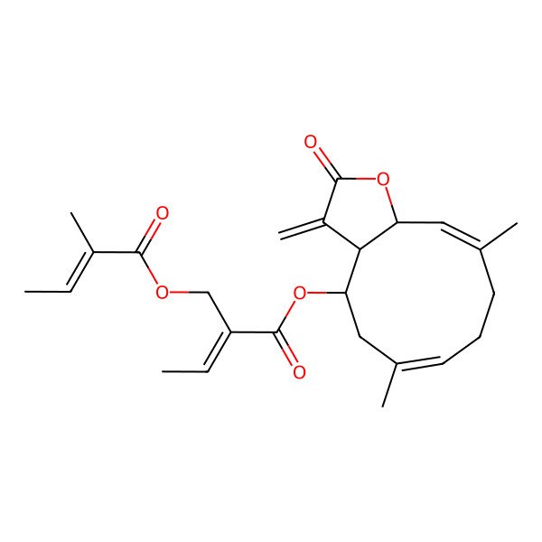 2D Structure of [(3aS,4R,6E,10E,11aR)-6,10-dimethyl-3-methylidene-2-oxo-3a,4,5,8,9,11a-hexahydrocyclodeca[b]furan-4-yl] (E)-2-[[(Z)-2-methylbut-2-enoyl]oxymethyl]but-2-enoate