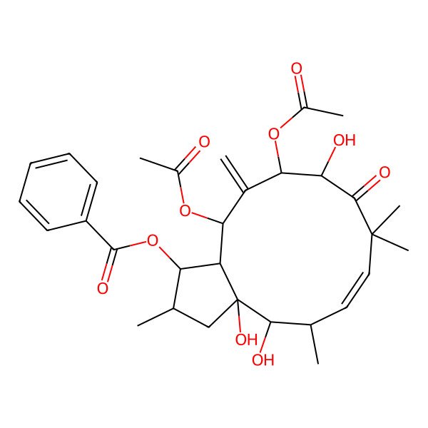 2D Structure of [(1S,2S,3aR,4R,5R,6E,10R,11S,13R,13aR)-11,13-diacetyloxy-3a,4,10-trihydroxy-2,5,8,8-tetramethyl-12-methylidene-9-oxo-2,3,4,5,10,11,13,13a-octahydro-1H-cyclopenta[12]annulen-1-yl] benzoate