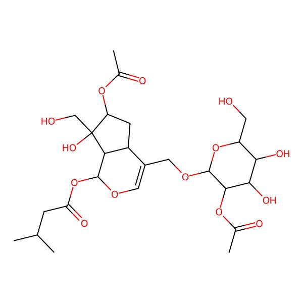 2D Structure of [(1S,4aS,6S,7R,7aS)-6-acetyloxy-4-[[(2R,3R,4S,5S,6R)-3-acetyloxy-4,5-dihydroxy-6-(hydroxymethyl)oxan-2-yl]oxymethyl]-7-hydroxy-7-(hydroxymethyl)-4a,5,6,7a-tetrahydro-1H-cyclopenta[c]pyran-1-yl] 3-methylbutanoate