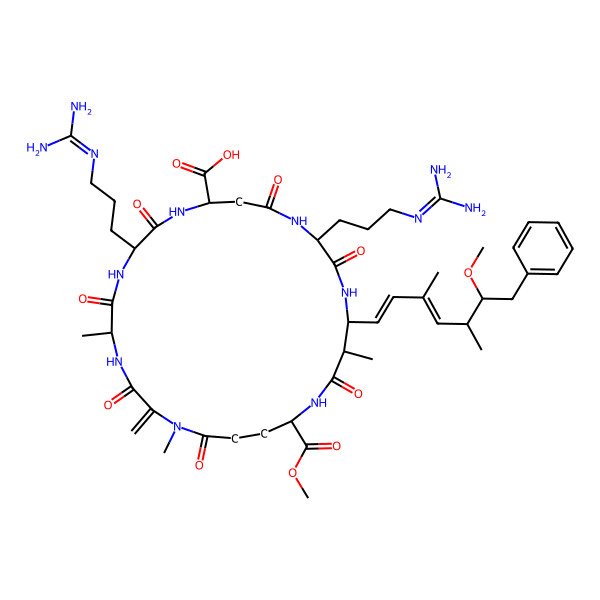 2D Structure of 8,15-Bis[3-(diaminomethylideneamino)propyl]-22-methoxycarbonyl-18-(6-methoxy-3,5-dimethyl-7-phenylhepta-1,3-dienyl)-1,5,19-trimethyl-2-methylidene-3,6,9,13,16,20,25-heptaoxo-1,4,7,10,14,17,21-heptazacyclopentacosane-11-carboxylic acid