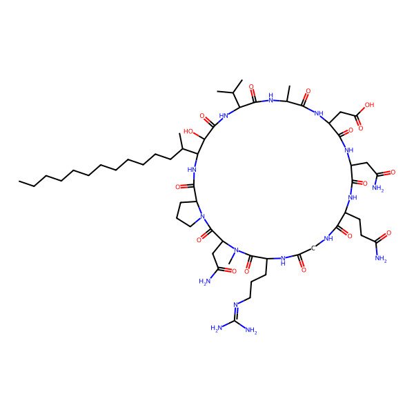2D Structure of 2-[(3S,6S,12S,15S,18R,21S,24S,27R,28R,31S)-3,15-bis(2-amino-2-oxoethyl)-12-(3-amino-3-oxopropyl)-6-[3-(diaminomethylideneamino)propyl]-27-hydroxy-4,21-dimethyl-2,5,8,11,14,17,20,23,26,30-decaoxo-24-propan-2-yl-28-[(2S)-tetradecan-2-yl]-1,4,7,10,13,16,19,22,25,29-decazabicyclo[29.3.0]tetratriacontan-18-yl]acetic acid