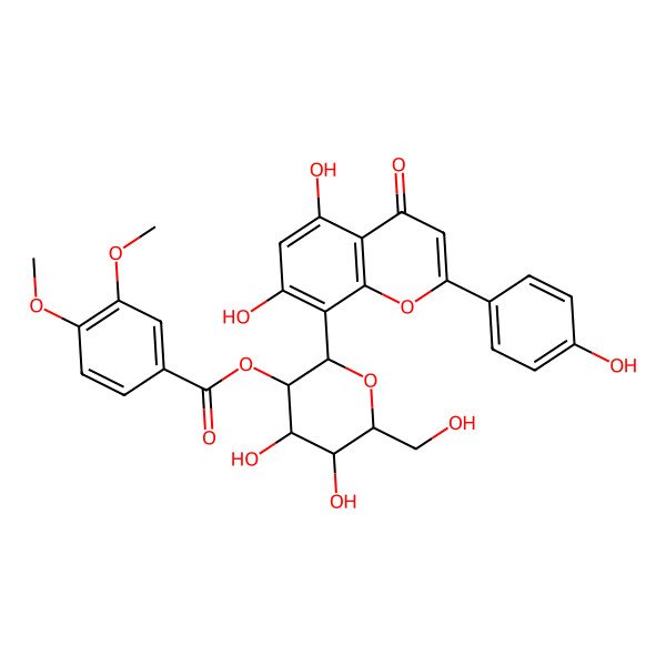 2D Structure of [(2S,3S,4S,5S,6S)-2-[5,7-dihydroxy-2-(4-hydroxyphenyl)-4-oxochromen-8-yl]-4,5-dihydroxy-6-(hydroxymethyl)oxan-3-yl] 3,4-dimethoxybenzoate