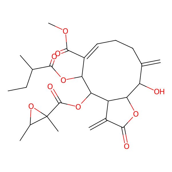 2D Structure of methyl 4-(2,3-dimethyloxirane-2-carbonyl)oxy-11-hydroxy-5-(2-methylbutanoyloxy)-3,10-dimethylidene-2-oxo-4,5,8,9,11,11a-hexahydro-3aH-cyclodeca[b]furan-6-carboxylate