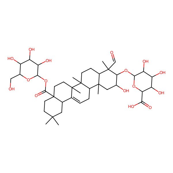 2D Structure of beta-D-Glucopyranosiduronic acid, (2beta,3beta,4alpha)-28-(beta-D-glucopyranosyloxy)-2-hydroxy-23,28-dioxoolean-12-en-3-yl