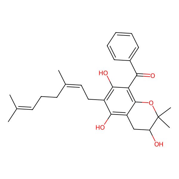 2D Structure of [(3R)-6-[(2E)-3,7-dimethylocta-2,6-dienyl]-3,5,7-trihydroxy-2,2-dimethyl-3,4-dihydrochromen-8-yl]-phenylmethanone
