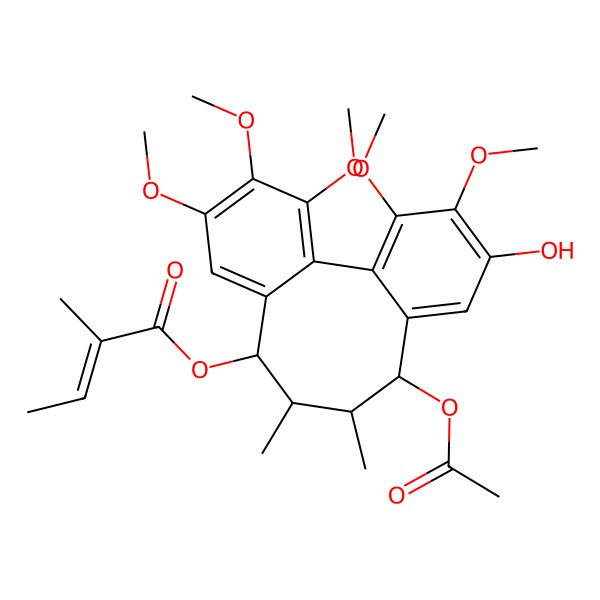 2D Structure of [(8R,9S,10R,11R)-11-acetyloxy-14-hydroxy-3,4,5,15,16-pentamethoxy-9,10-dimethyl-8-tricyclo[10.4.0.02,7]hexadeca-1(16),2,4,6,12,14-hexaenyl] (Z)-2-methylbut-2-enoate