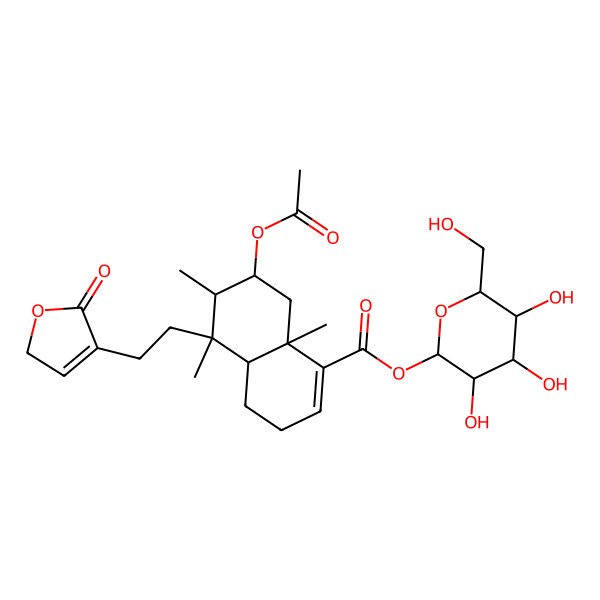 2D Structure of [(2S,3R,4S,5S,6R)-3,4,5-trihydroxy-6-(hydroxymethyl)oxan-2-yl] (4aR,5R,6S,7S,8aR)-7-acetyloxy-5,6,8a-trimethyl-5-[2-(5-oxo-2H-furan-4-yl)ethyl]-3,4,4a,6,7,8-hexahydronaphthalene-1-carboxylate