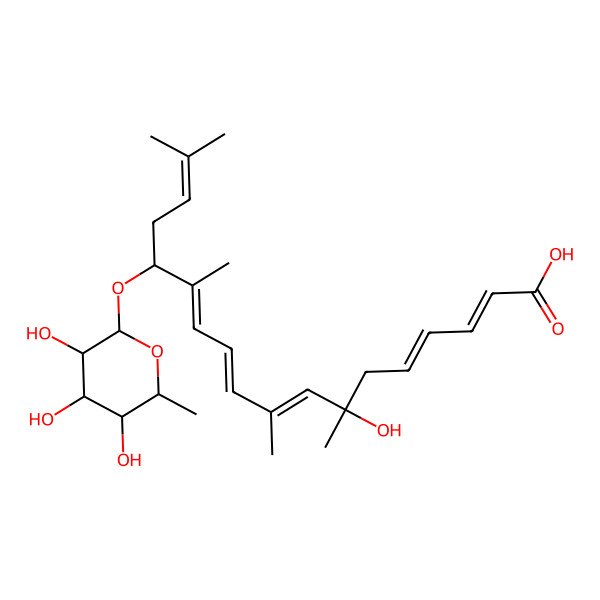 2D Structure of (2E,4E,7S,8E,10E,12E,14R)-7-hydroxy-7,9,13,17-tetramethyl-14-[(2S,3S,4S,5S,6R)-3,4,5-trihydroxy-6-methyloxan-2-yl]oxyoctadeca-2,4,8,10,12,16-hexaenoic acid