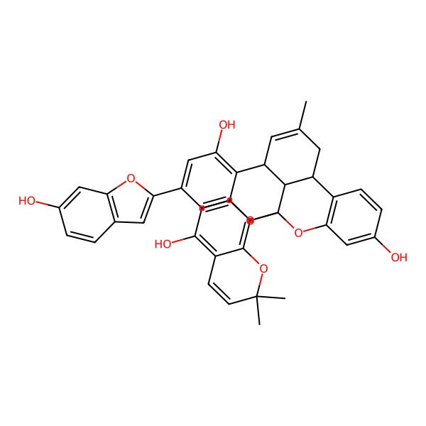 2D Structure of (1S,9S,13S,21R)-17-(6-hydroxy-1-benzofuran-2-yl)-1-(5-hydroxy-2,2-dimethylchromen-8-yl)-11-methyl-2,20-dioxapentacyclo[11.7.1.03,8.09,21.014,19]henicosa-3(8),4,6,11,14,16,18-heptaene-5,15-diol