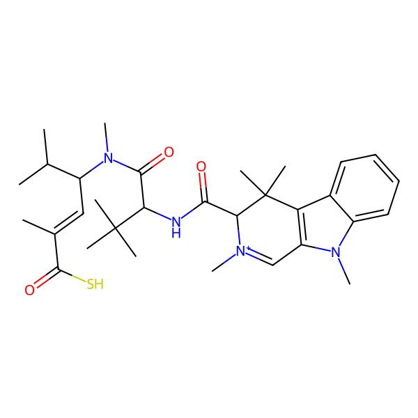 2D Structure of (E,4S)-4-[[(2S)-3,3-dimethyl-2-[[(3S)-2,4,4,9-tetramethyl-3H-pyrido[3,4-b]indol-2-ium-3-carbonyl]amino]butanoyl]-methylamino]-2,5-dimethylhex-2-enethioic S-acid