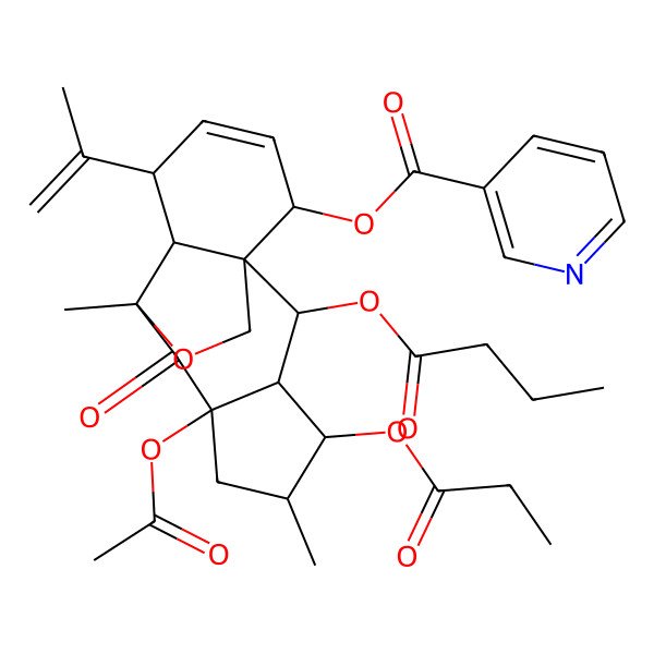 2D Structure of [(1S,2R,3S,4S,5S,7R,9S,10R,11S,14R)-7-acetyloxy-2-butanoyloxy-5,9-dimethyl-8-oxo-4-propanoyloxy-11-prop-1-en-2-yl-16-oxatetracyclo[7.5.2.01,10.03,7]hexadec-12-en-14-yl] pyridine-3-carboxylate