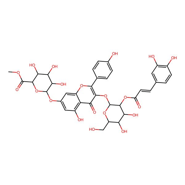 2D Structure of methyl (2S,3S,4S,5R,6S)-6-[3-[(2R,3S,4R,5R,6S)-3-[(E)-3-(3,4-dihydroxyphenyl)prop-2-enoyl]oxy-4,5-dihydroxy-6-(hydroxymethyl)oxan-2-yl]oxy-5-hydroxy-2-(4-hydroxyphenyl)-4-oxochromen-7-yl]oxy-3,4,5-trihydroxyoxane-2-carboxylate