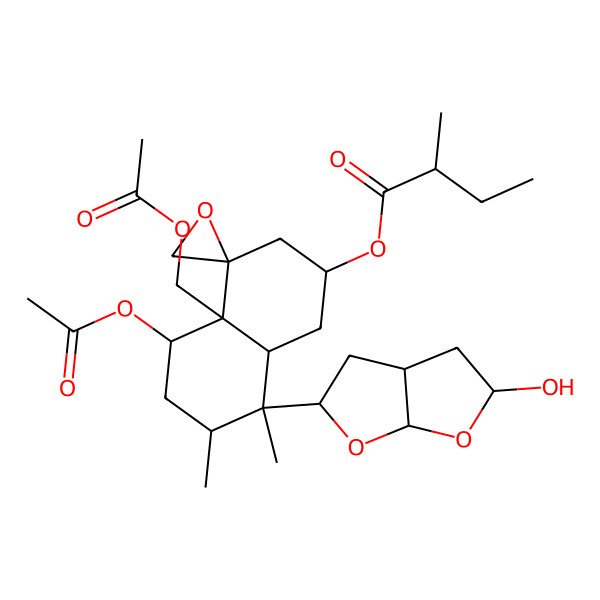 2D Structure of [5-acetyloxy-4a-(acetyloxymethyl)-8-(5-hydroxy-2,3,3a,4,5,6a-hexahydrofuro[2,3-b]furan-2-yl)-7,8-dimethylspiro[2,3,5,6,7,8a-hexahydro-1H-naphthalene-4,2'-oxirane]-2-yl] 2-methylbutanoate