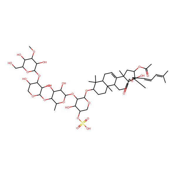 2D Structure of [(2S,4S,5S,6S,9R,12R,13R,16S,18R)-16-[(2S,3R,4R,5R)-3-[(2S,3R,4S,5S,6R)-5-[(2S,3R,4S,5R)-4-[(2S,3R,4S,5R,6R)-3,5-dihydroxy-6-(hydroxymethyl)-4-methoxyoxan-2-yl]oxy-3,5-dihydroxyoxan-2-yl]oxy-3,4-dihydroxy-6-methyloxan-2-yl]oxy-4-hydroxy-5-sulfooxyoxan-2-yl]oxy-5-hydroxy-2,6,13,17,17-pentamethyl-6-[(1Z)-4-methylpenta-1,3-dienyl]-8-oxo-7-oxapentacyclo[10.8.0.02,9.05,9.013,18]icos-1(20)-en-4-yl] acetate