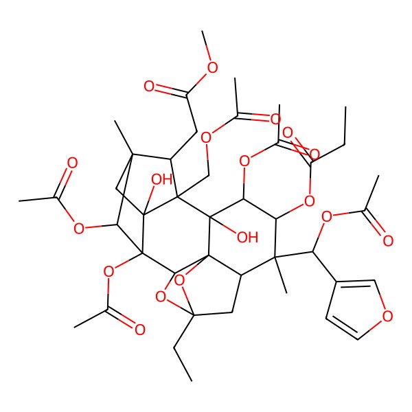 2D Structure of [(1S,2S,3R,5S,7R,8R,9R,10R,11R,12S,13S,14R,16R,17S)-1,10,17-triacetyloxy-8-[(S)-acetyloxy(furan-3-yl)methyl]-12-(acetyloxymethyl)-5-ethyl-11,16-dihydroxy-13-(2-methoxy-2-oxoethyl)-8,14-dimethyl-4,18-dioxahexacyclo[12.2.1.12,5.03,7.03,11.012,16]octadecan-9-yl] propanoate