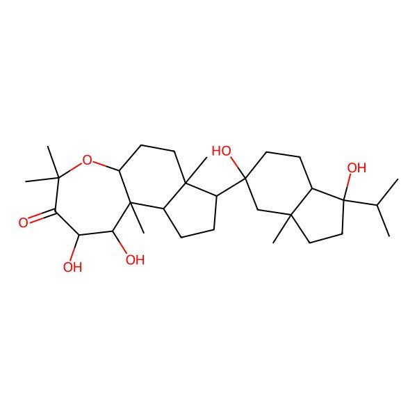 2D Structure of (1S,2R,5aR,7aS,10bS)-8-[(1S,3aS,5S)-1,5-dihydroxy-3a-methyl-1-propan-2-yl-2,3,4,6,7,7a-hexahydroinden-5-yl]-1,2-dihydroxy-4,4,7a,10b-tetramethyl-2,5a,6,7,8,9,10,10a-octahydro-1H-indeno[5,4-b]oxepin-3-one