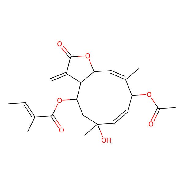 2D Structure of [(3aS,4R,6R,7E,9R,10Z,11aR)-9-acetyloxy-6-hydroxy-6,10-dimethyl-3-methylidene-2-oxo-4,5,9,11a-tetrahydro-3aH-cyclodeca[b]furan-4-yl] (Z)-2-methylbut-2-enoate