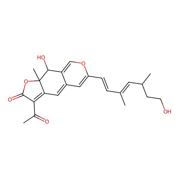 2D Structure of 3-acetyl-9-hydroxy-6-(7-hydroxy-3,5-dimethylhepta-1,3-dienyl)-9a-methyl-9H-furo[3,2-g]isochromen-2-one