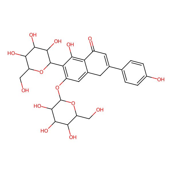 2D Structure of 8-hydroxy-3-(4-hydroxyphenyl)-7-[(2S,3R,4S,5S,6R)-3,4,5-trihydroxy-6-(hydroxymethyl)oxan-2-yl]-6-[(2S,3R,4S,5S,6R)-3,4,5-trihydroxy-6-(hydroxymethyl)oxan-2-yl]oxy-4H-naphthalen-1-one