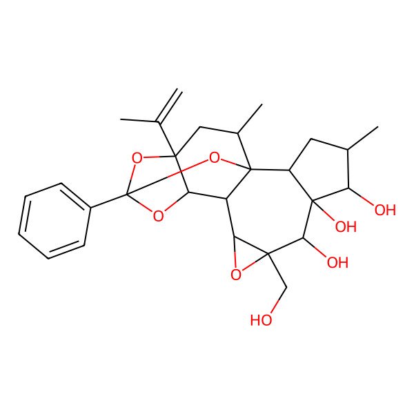2D Structure of 8-(Hydroxymethyl)-4,18-dimethyl-14-phenyl-16-prop-1-en-2-yl-9,13,15,19-tetraoxahexacyclo[12.4.1.01,11.02,6.08,10.012,16]nonadecane-5,6,7-triol