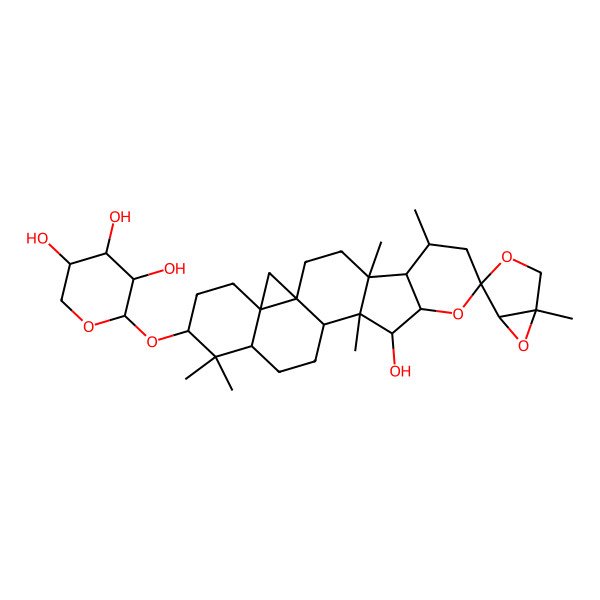 2D Structure of (2S,3R,4S,5R)-2-[(1S,1'S,4S,4'R,5S,5'R,6'R,10'R,11'R,12'S,13'R,16'R,18'S,21'R)-11'-hydroxy-1,4',6',12',17',17'-hexamethylspiro[3,6-dioxabicyclo[3.1.0]hexane-4,8'-9-oxahexacyclo[11.9.0.01,21.04,12.05,10.016,21]docosane]-18'-yl]oxyoxane-3,4,5-triol