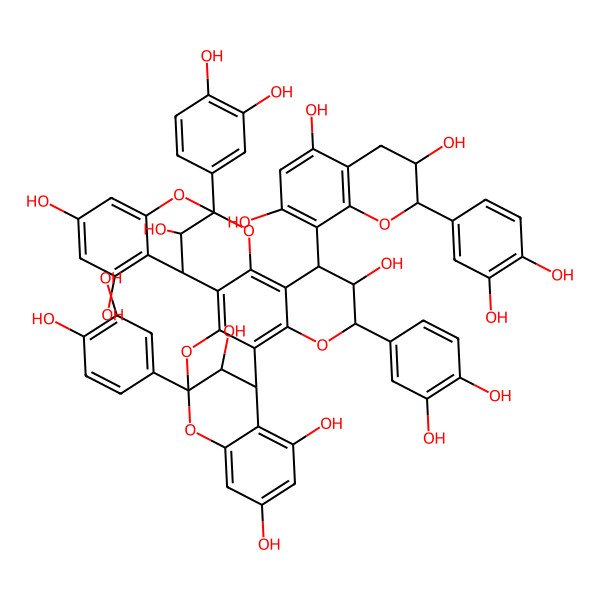 2D Structure of (1R,5R,13R,17R,18R,19S,23R,31R,32R)-5,17,23-tris(3,4-dihydroxyphenyl)-19-[(2R,3R)-2-(3,4-dihydroxyphenyl)-3,5,7-trihydroxy-3,4-dihydro-2H-chromen-8-yl]-4,6,16,22,24-pentaoxaoctacyclo[21.7.1.15,13.02,21.03,14.07,12.015,20.025,30]dotriaconta-2,7,9,11,14,20,25,27,29-nonaene-9,11,18,27,29,31,32-heptol